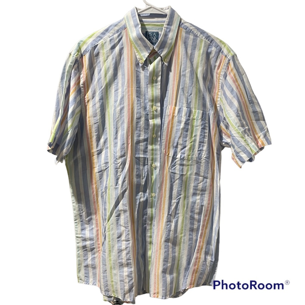 Jos A Banks Mens Short Sleeve Striped Shirt Size Large Cotton Like New